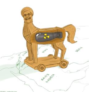 רוחאני מחייך כל הדרך אל הפצצה. איור: הדס טרספולסקי