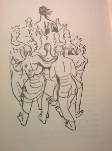 איור מתוך הרומן של ז'בוטינסקי 'שמשון', באיור מוצג שמשון וסביבו 'שועליו' הלוחמים